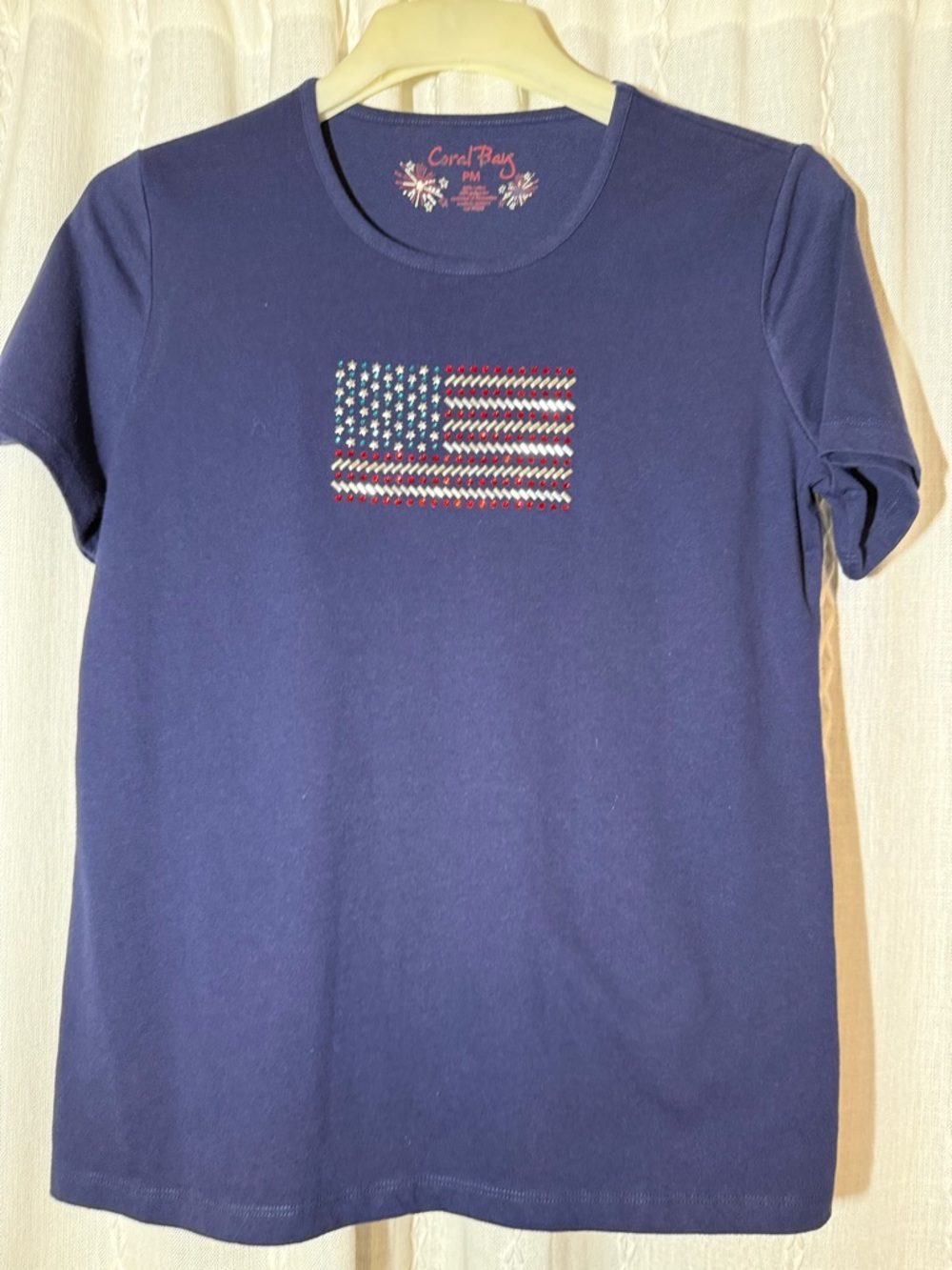 Coral Bay rhinestone flag shirt. Sz. Petite Medium.
